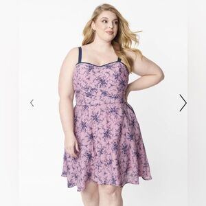 Unique Vintage Purple & Navy Floral Dress - New - Size 14